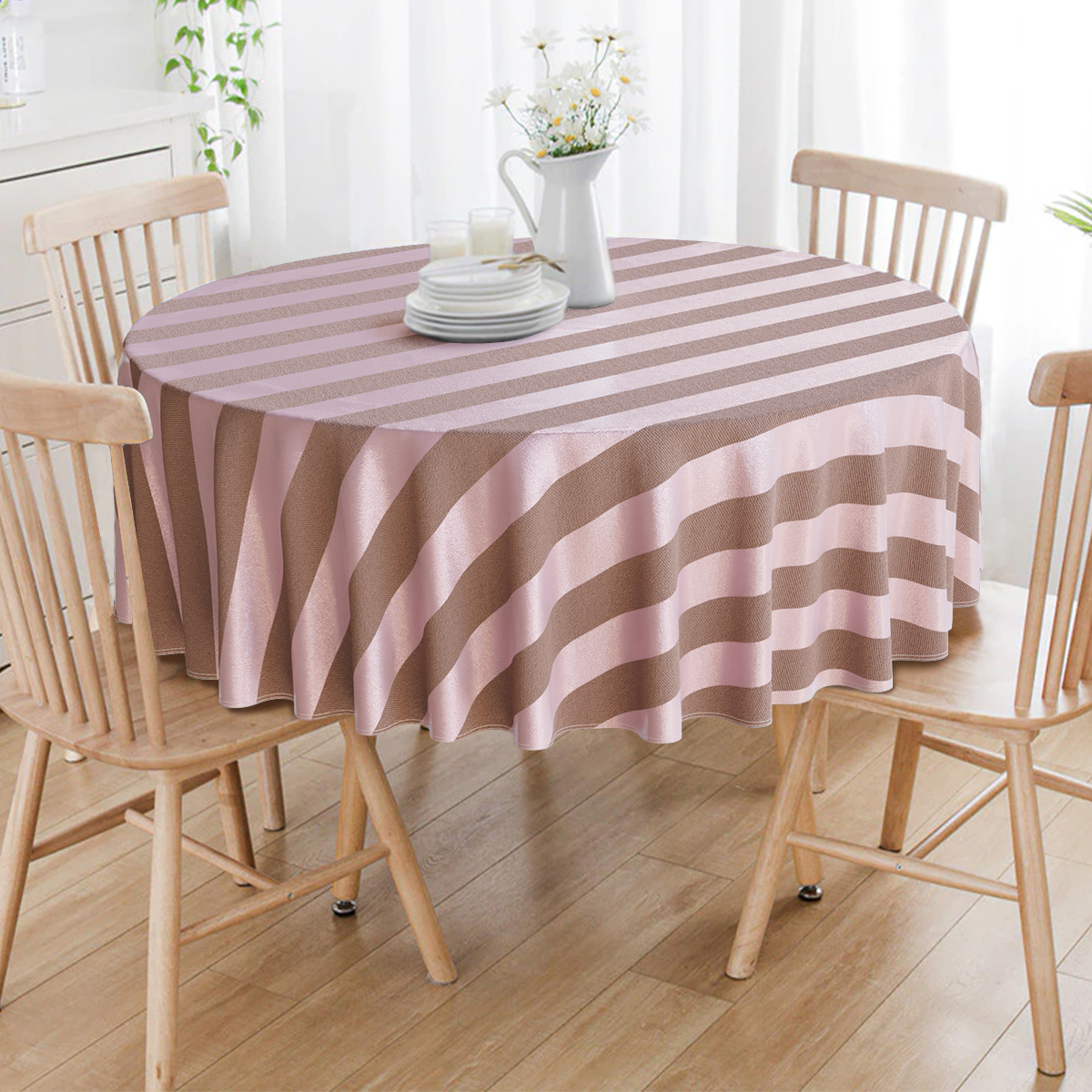 Toalha De Mesa Redonda Rosa e Marrom Listrado 4 Lugares