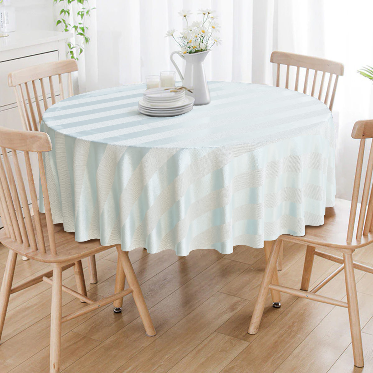 Toalha De Mesa Redonda Azul Prateado e Crú Listrado 4 Lugares