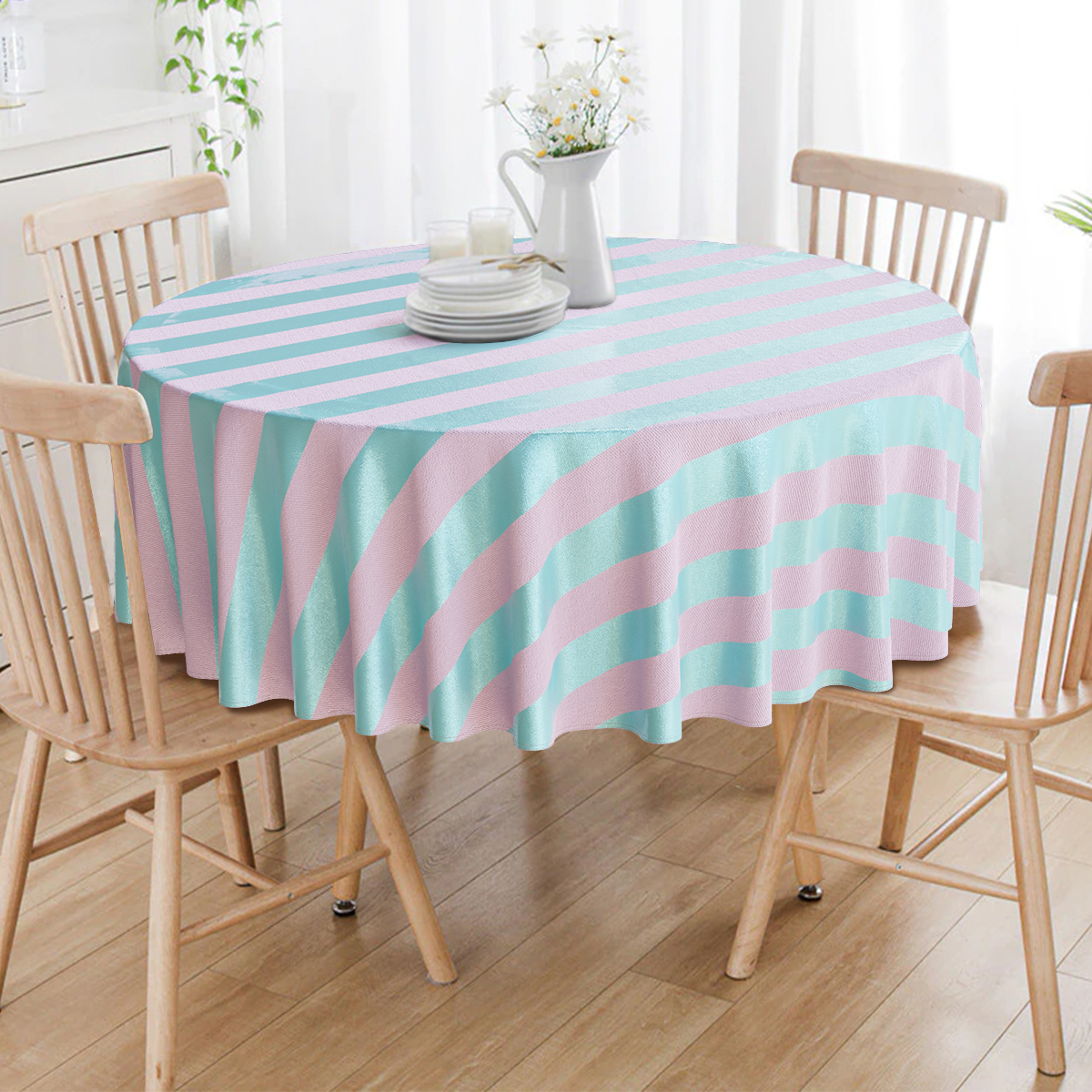 Toalha De Mesa Redonda Tiffany e Rosa Listrado 4 Lugares