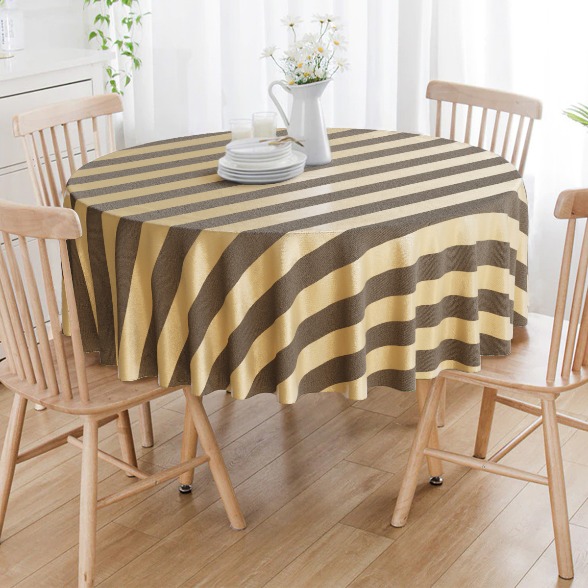 Toalha De Mesa Redonda Preto E Dourado Listrado 4 Lugares