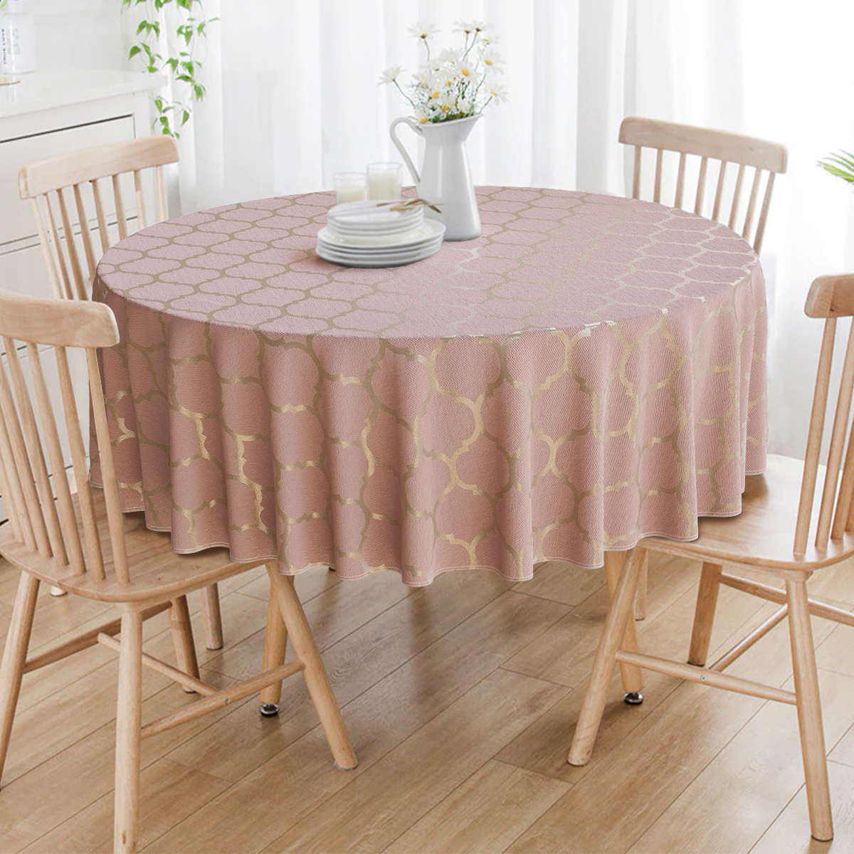 Toalha De Mesa Redonda Colméia Rosê e Dourado 6 Lugares