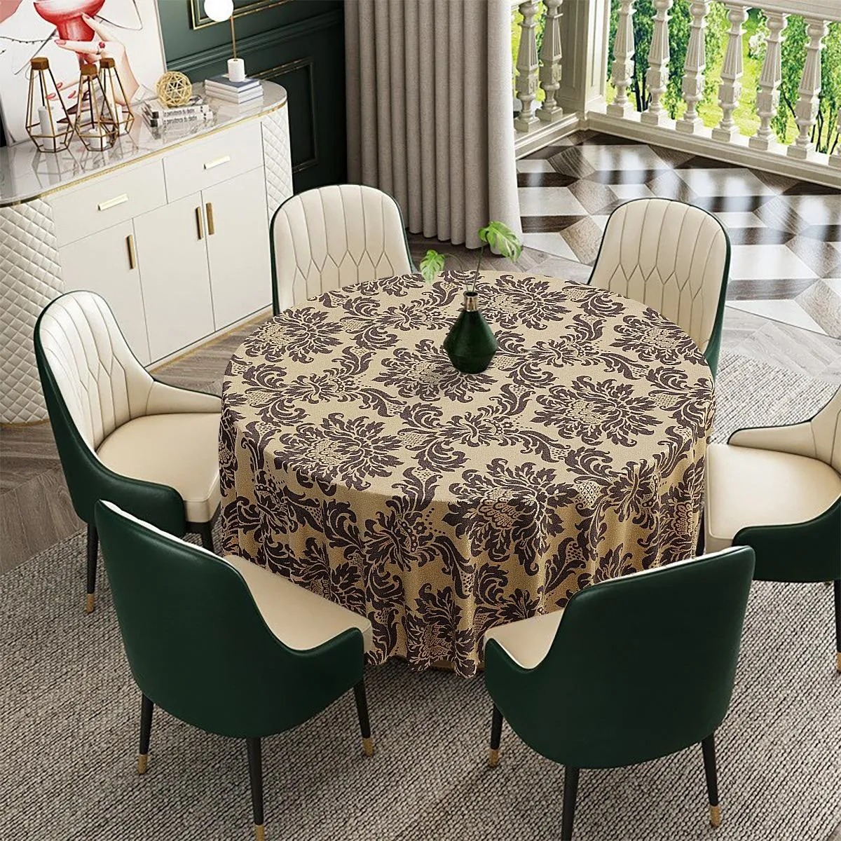 Toalha De Mesa Redonda Preto E Dourado Medalhão 6 Lugares