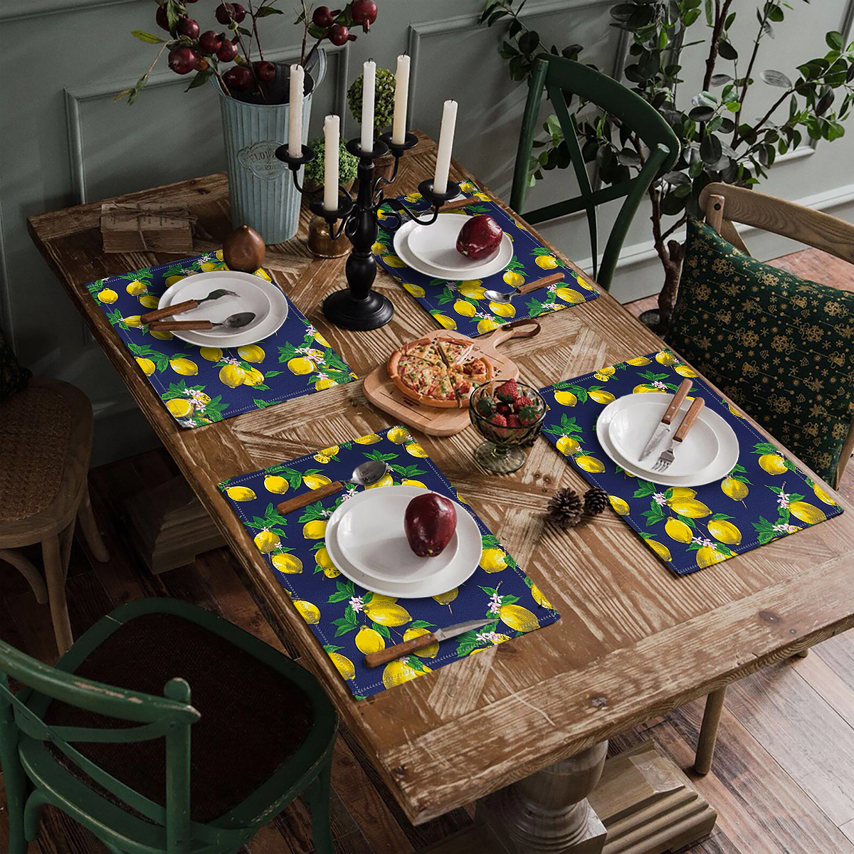 Jogo Americano 4 Peças Em Jacquard Estampado Limão Siciliano Azul