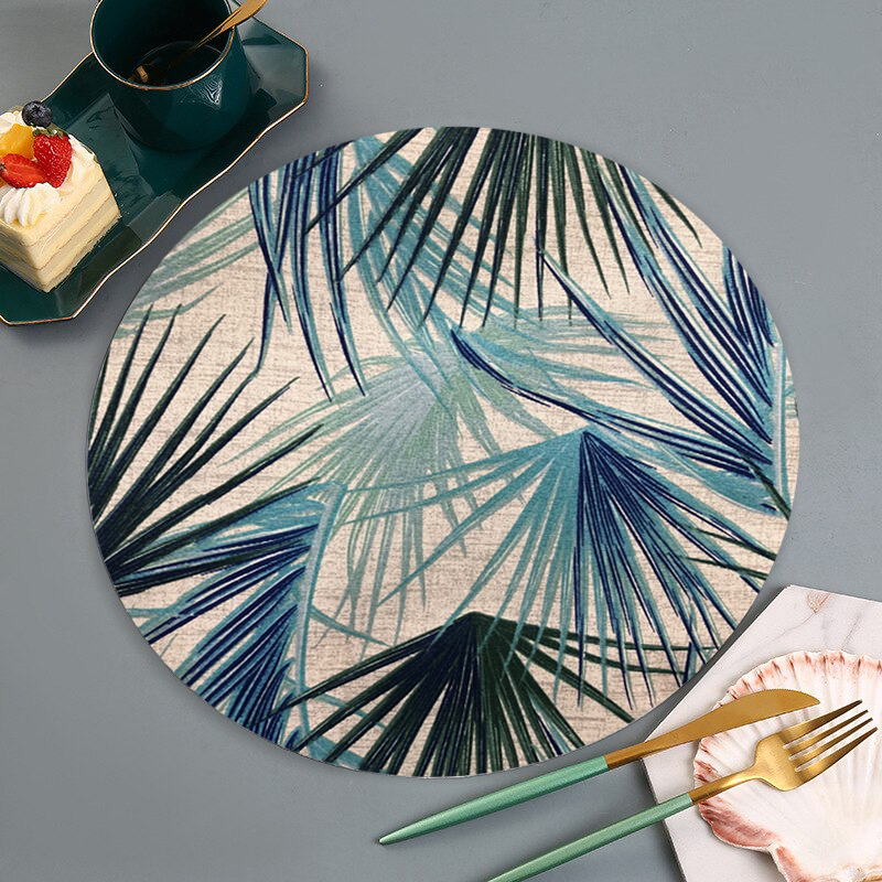 Kit 6 Capas Sousplat Jacquard Folhas Tropicais Azul