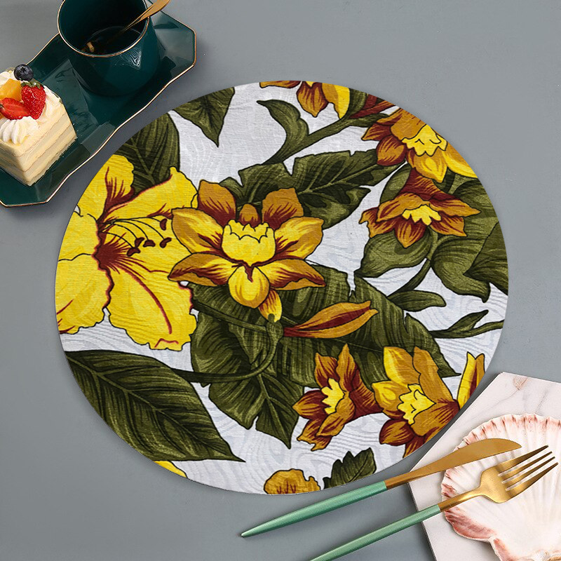 Kit 4 Capas Sousplat Jacquard Estampado Floral Amarelo