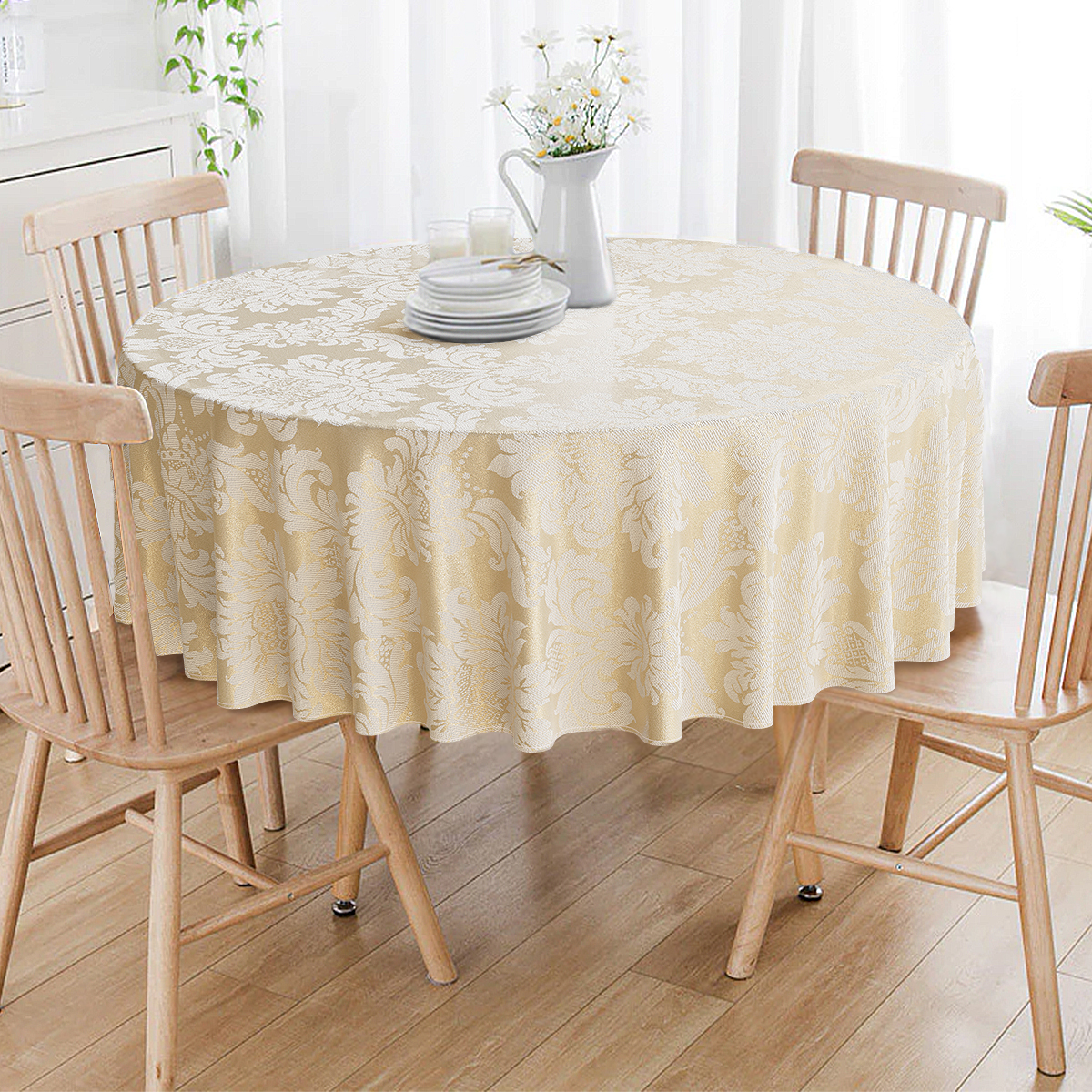 Toalha De Mesa Redonda Bege e Dourado Medalhão 4 Lugares