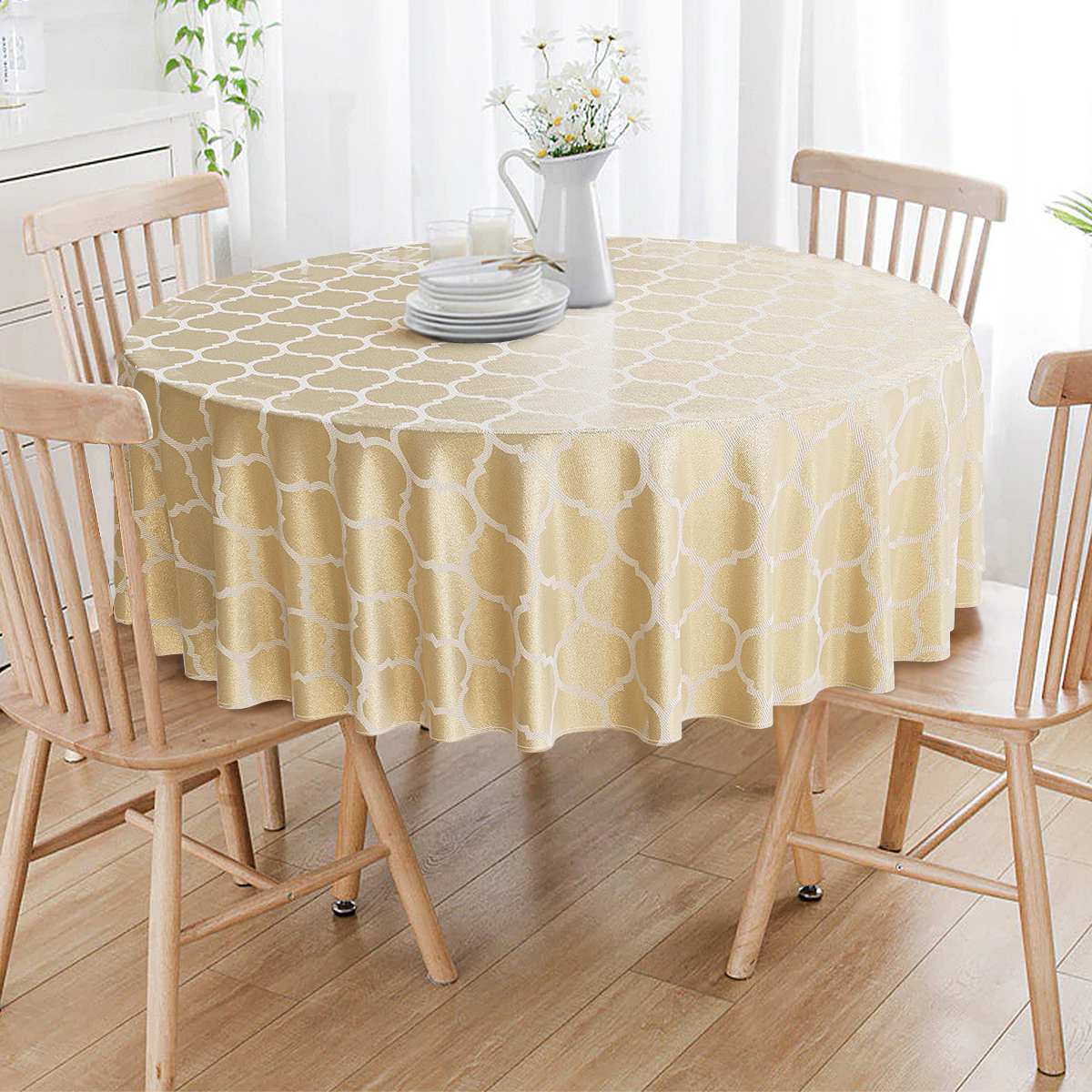 Toalha De Mesa Redonda Bege e Dourado Colmeia 4 Lugares