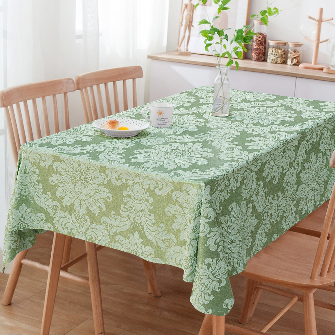 Toalha de Mesa Retangular Jacquard Medalhão Verde Pistache 3m x 1.40m
