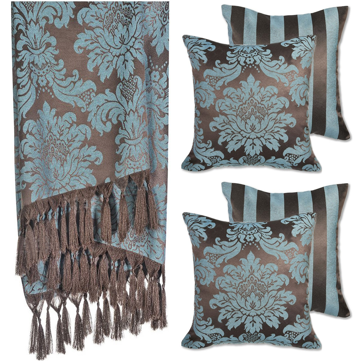 2 Mantas Xale Gigante Para Sofá E 4 Capas Marrom E Turquesa