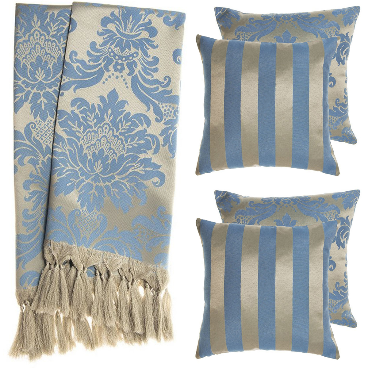 2 Mantas Xale Gigante Para Sofá E 4 Capas Azul E Dourado