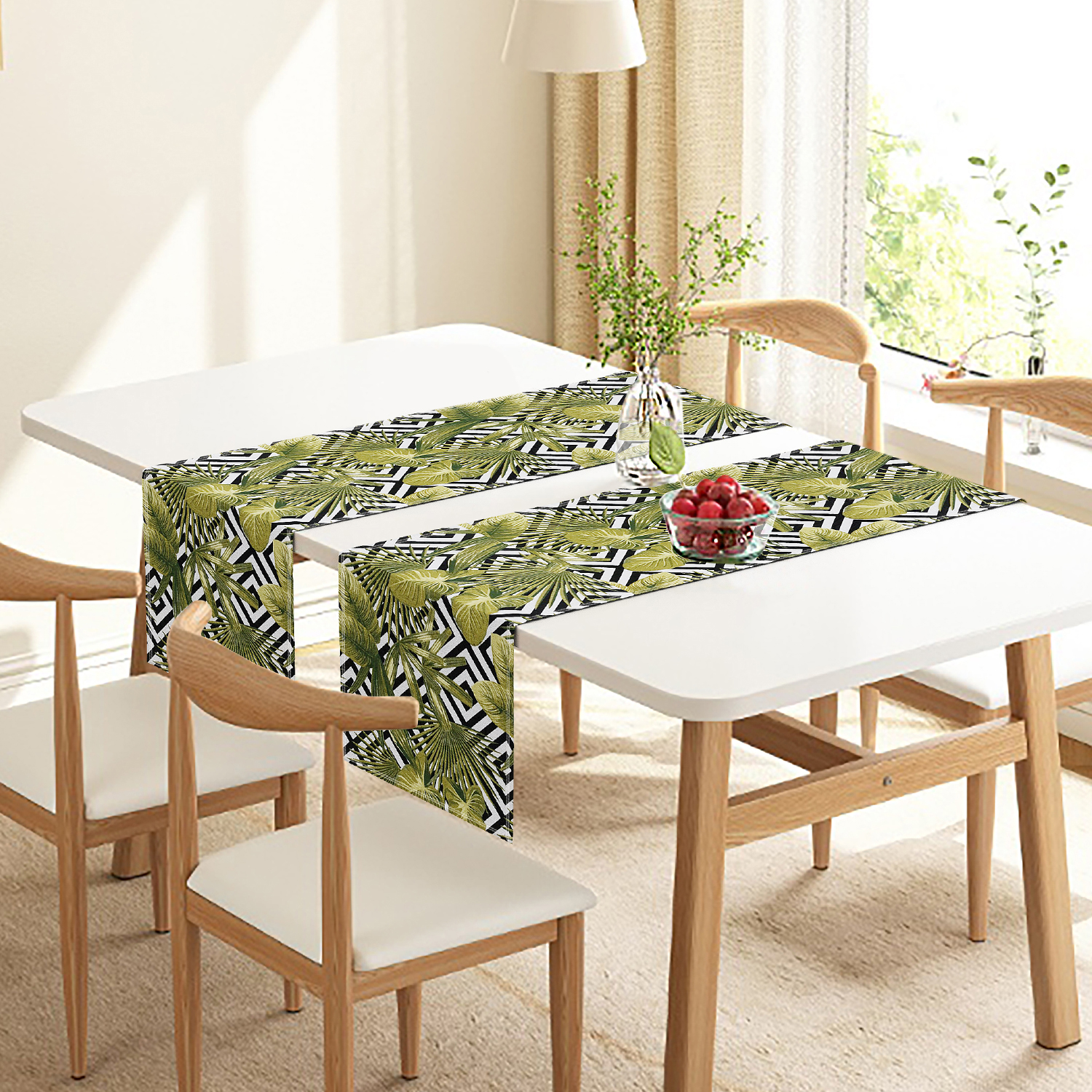 02 Trilhos de Mesa em Jacquard Folhagem Geométrico e Preto