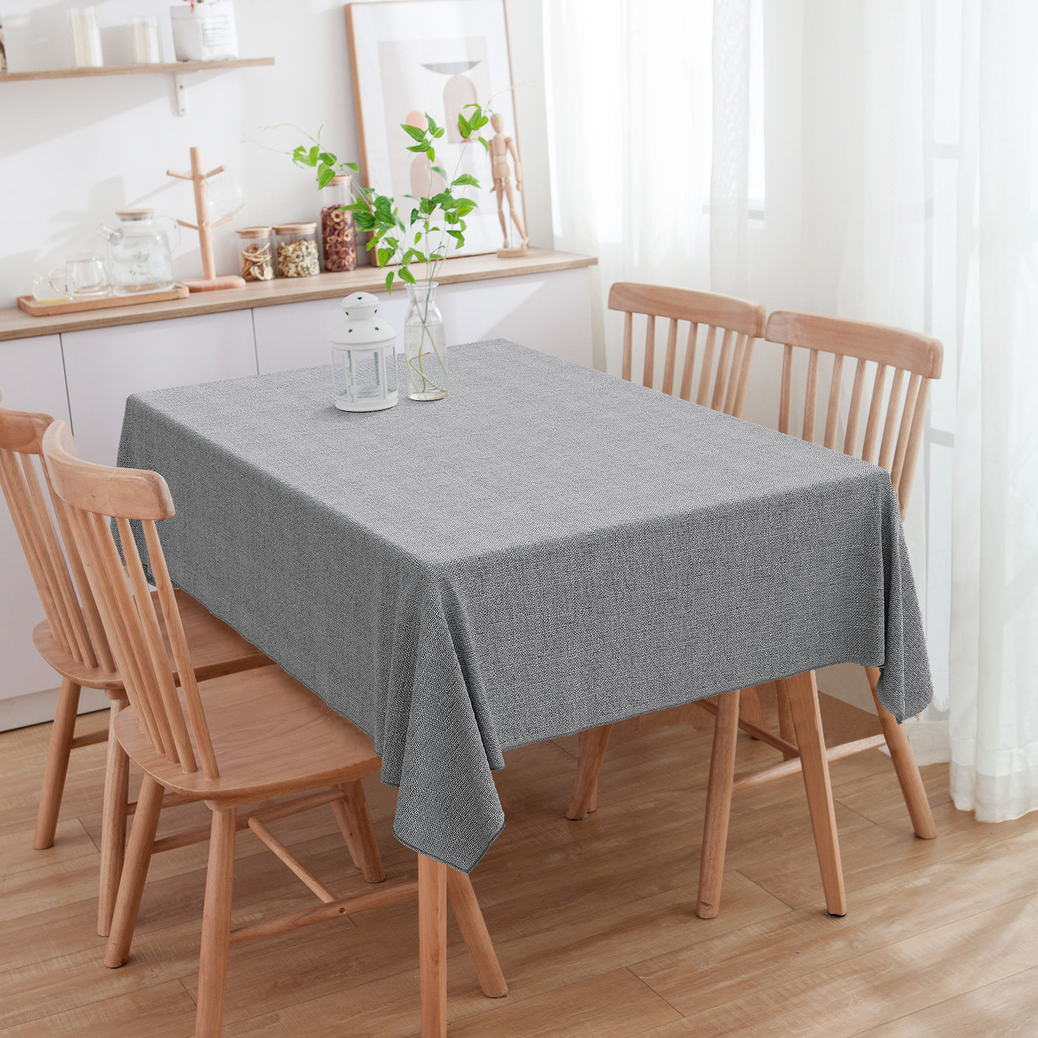 Toalha de Mesa Retangular Jacquard Linho Cinza Cimento 6 Lugares