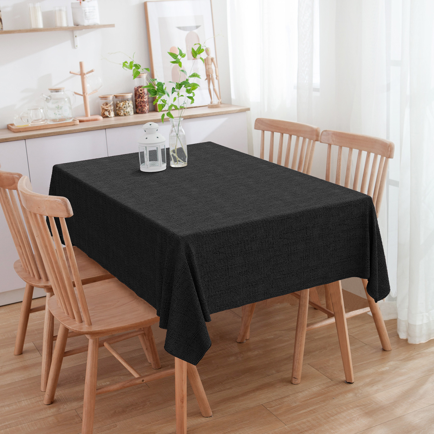 Toalha de Mesa Retangular Jacquard Linho Preto 6 Lugares