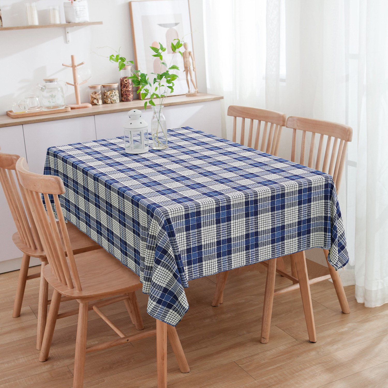 Toalha de Mesa Retangular Linho Estampado Xadrez Azul 6 Lugares