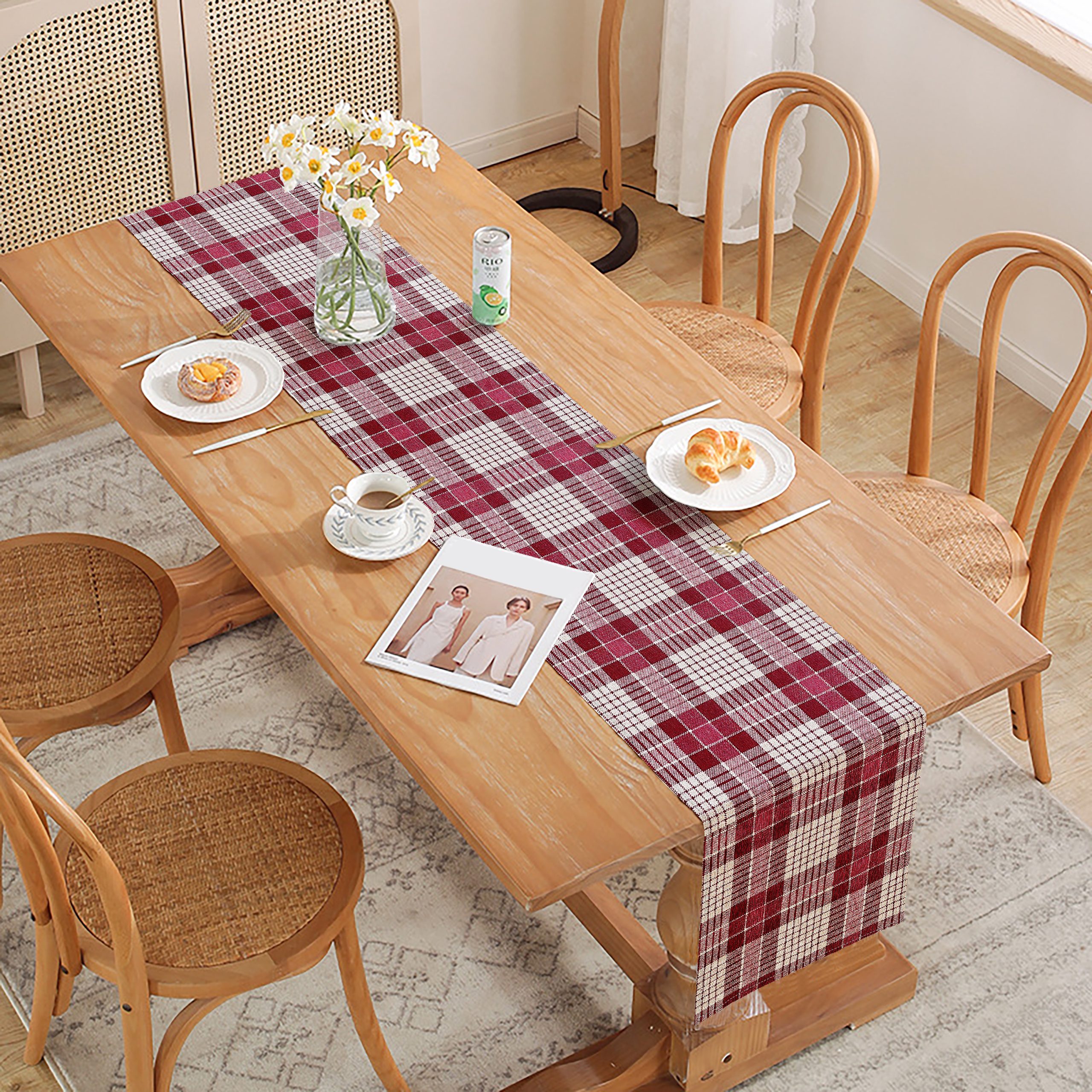 Trilho de Mesa em Linho Xadrez Marsala 6 Lugares