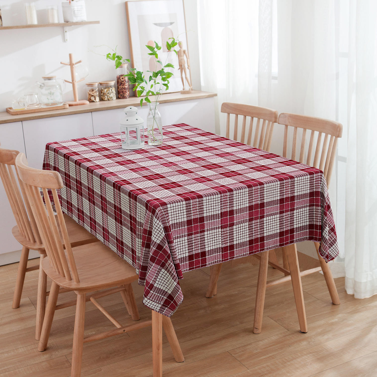 Toalha de Mesa Retangular Linho Estampado Xadrez Marsala 6 Lugares