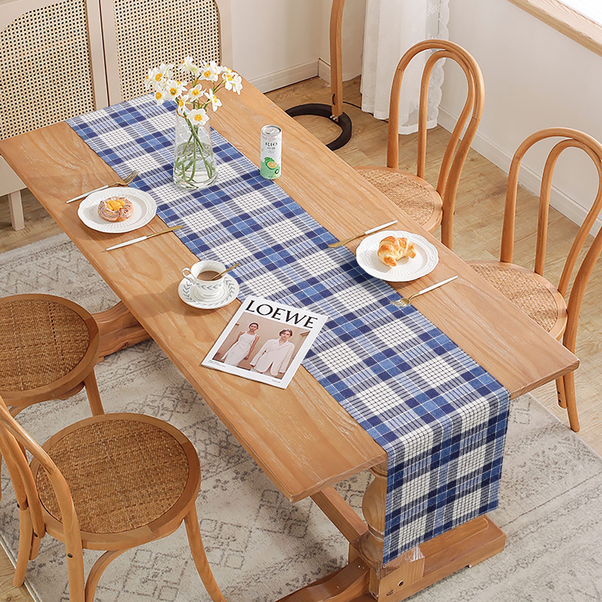 Trilho de Mesa em Linho Xadrez Azul 6 Lugares