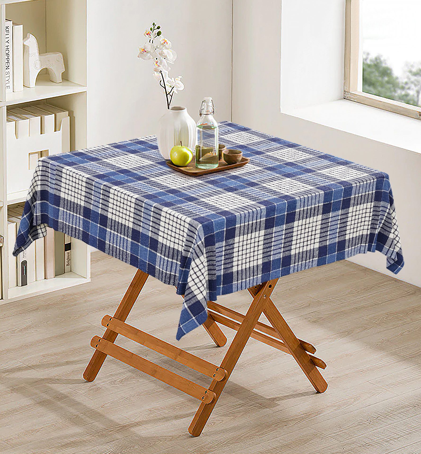 Toalha de Mesa Quadrada Linho Estampado Xadrez Azul 4 Lugares