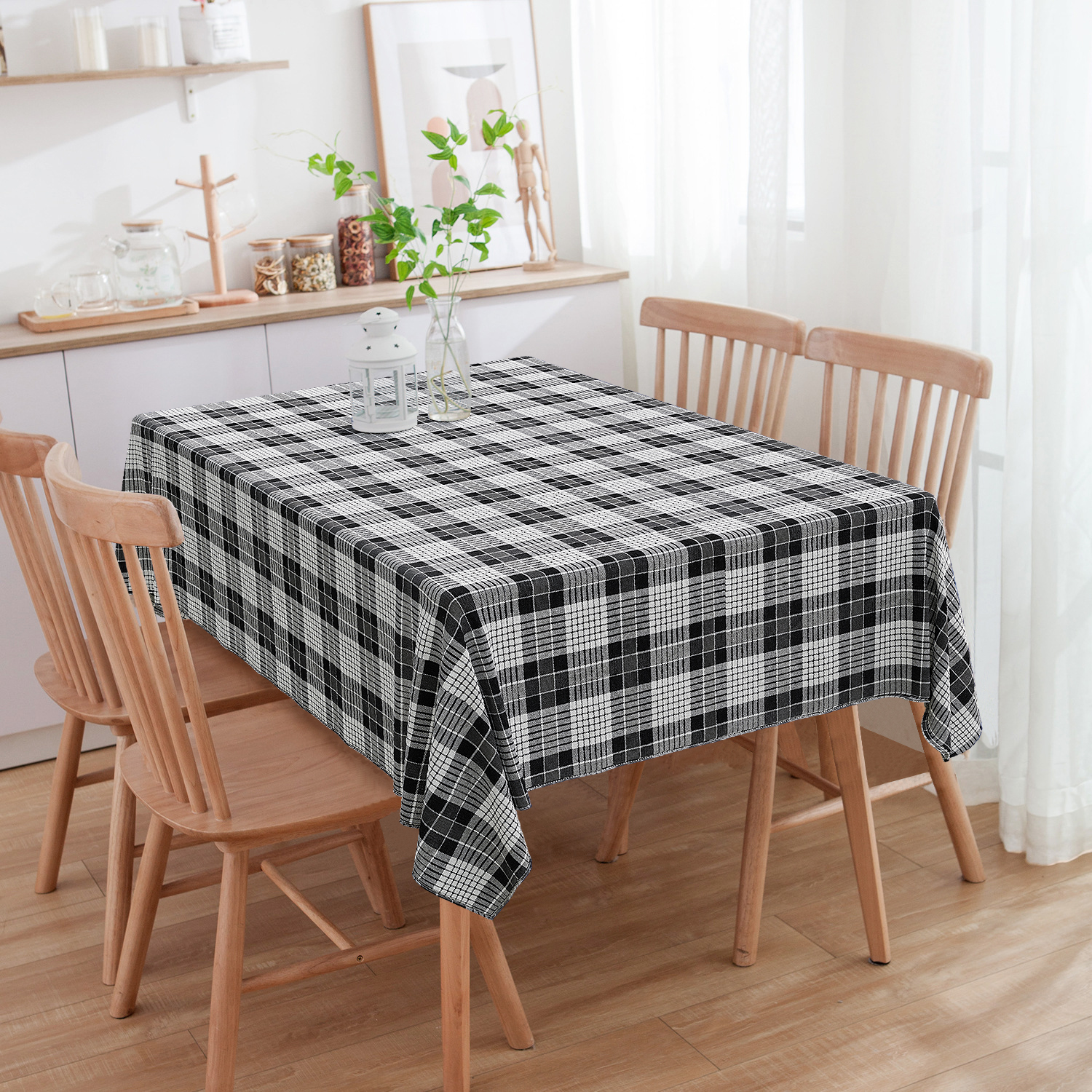 Toalha de Mesa Retangular Linho Estampado Xadrez Preto 6 Lugares