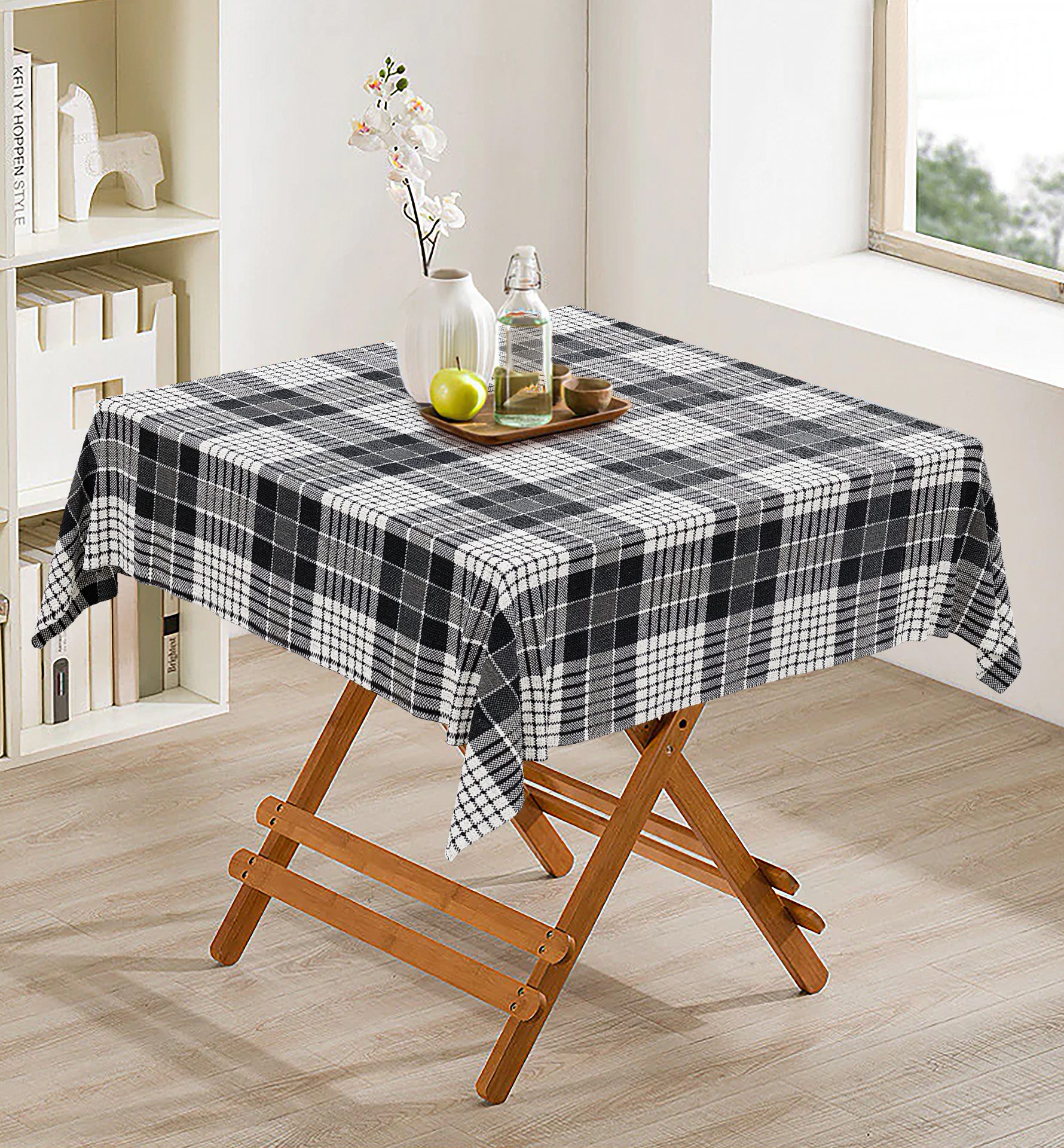 Toalha de Mesa Quadrada Linho Estampado Xadrez Preto 4 Lugares