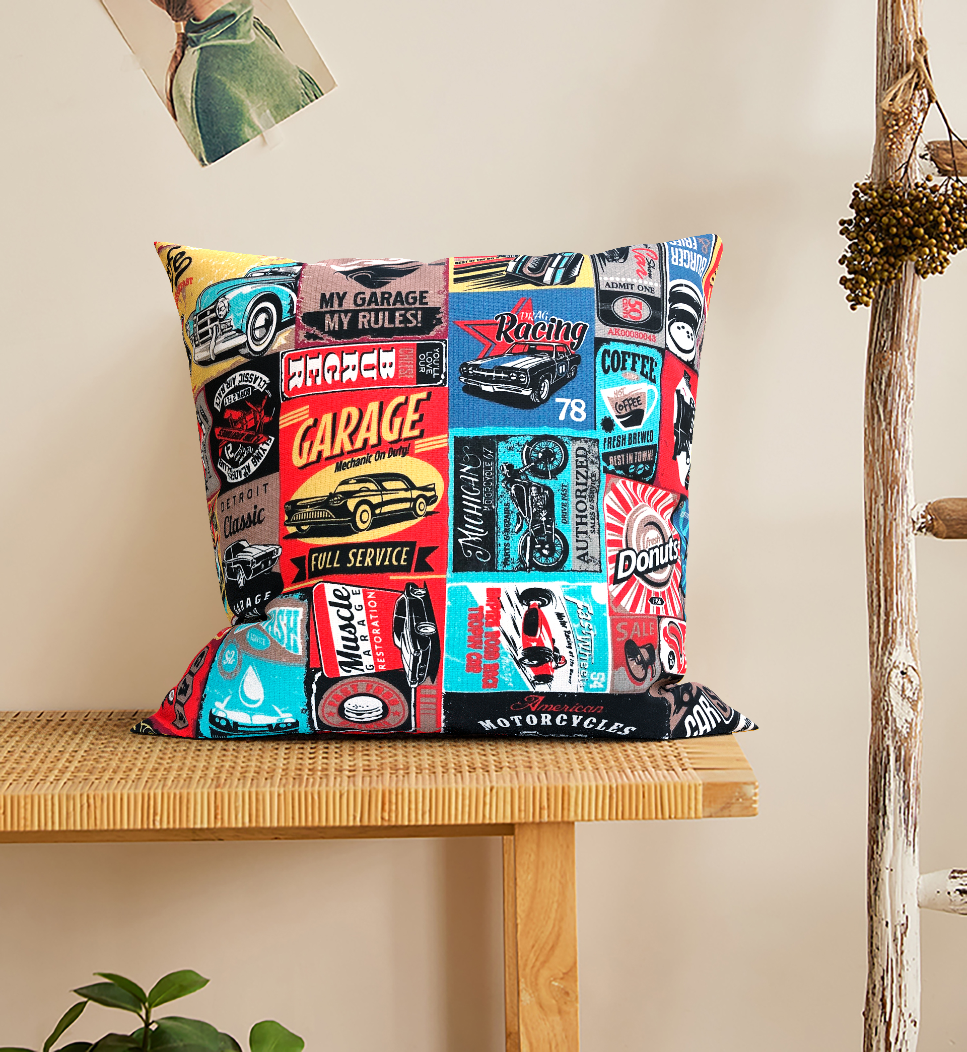 Capa para Almofada Jacquard Estampado Garage Vermelho 45x45cm