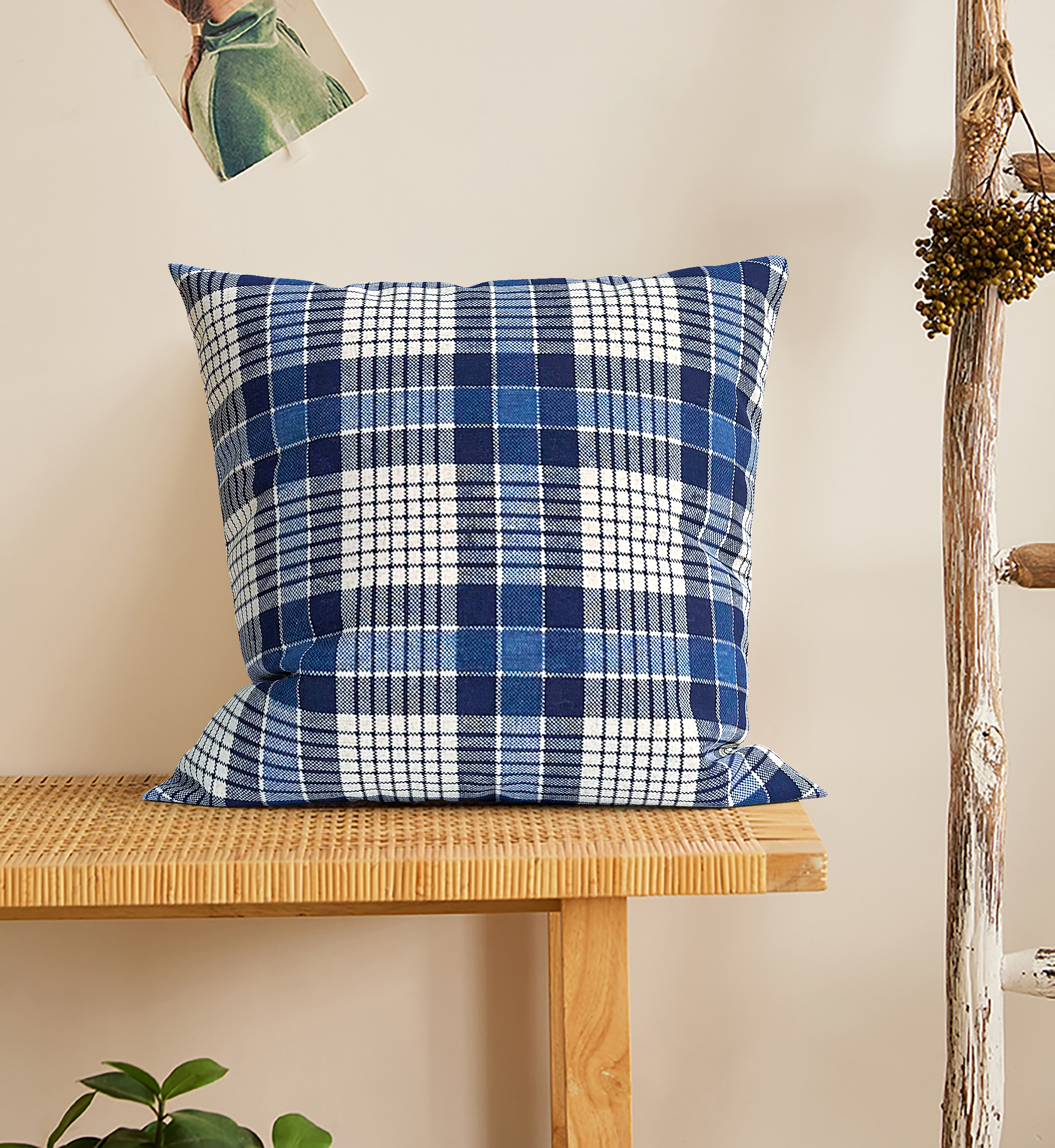 Capa para Almofada Linho Estampado Xadrez Azul