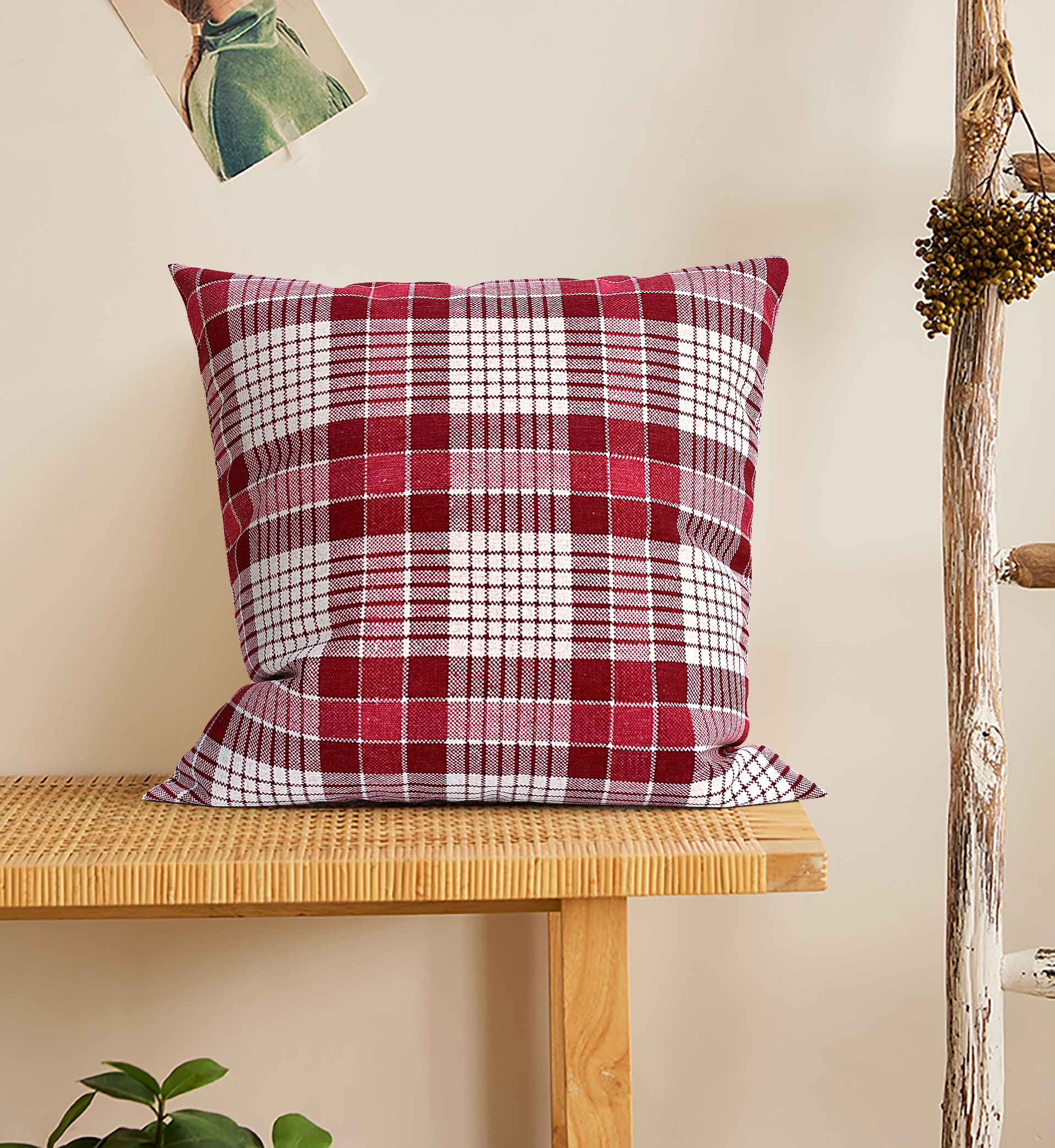 Capa para Almofada Linho Estampado Xadrez Marsala