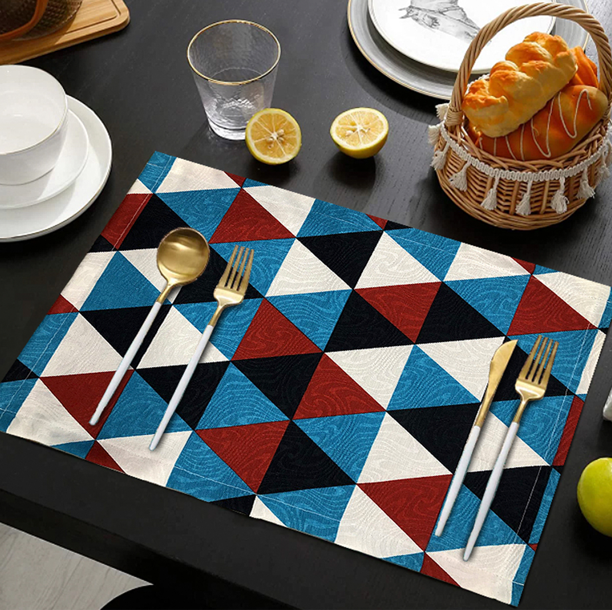 Jogo Americano Estampado Losango Tiffany e Vermelho 4 Peças