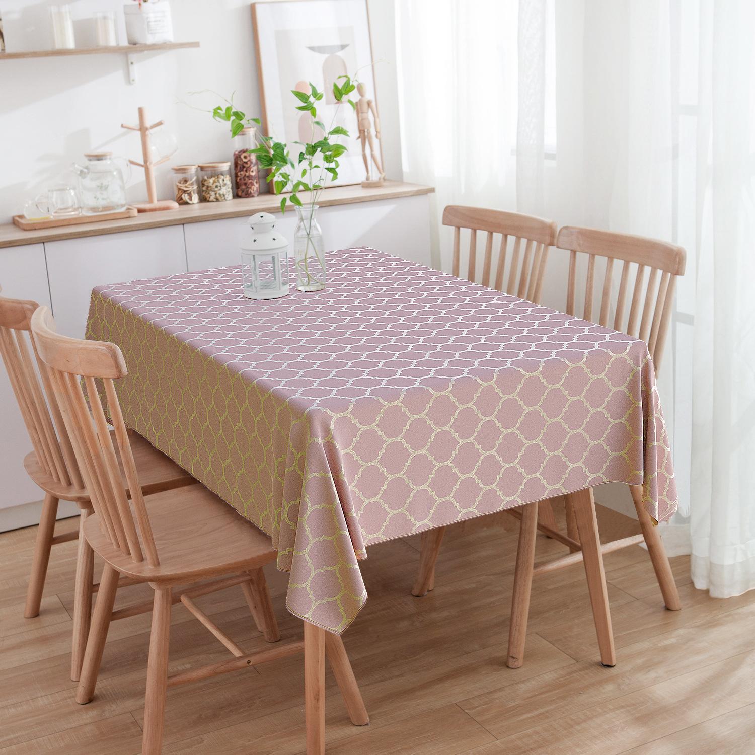 Toalha de Mesa Retangular Jacquard Colmeia Rosa e Dourado 6 Lugares