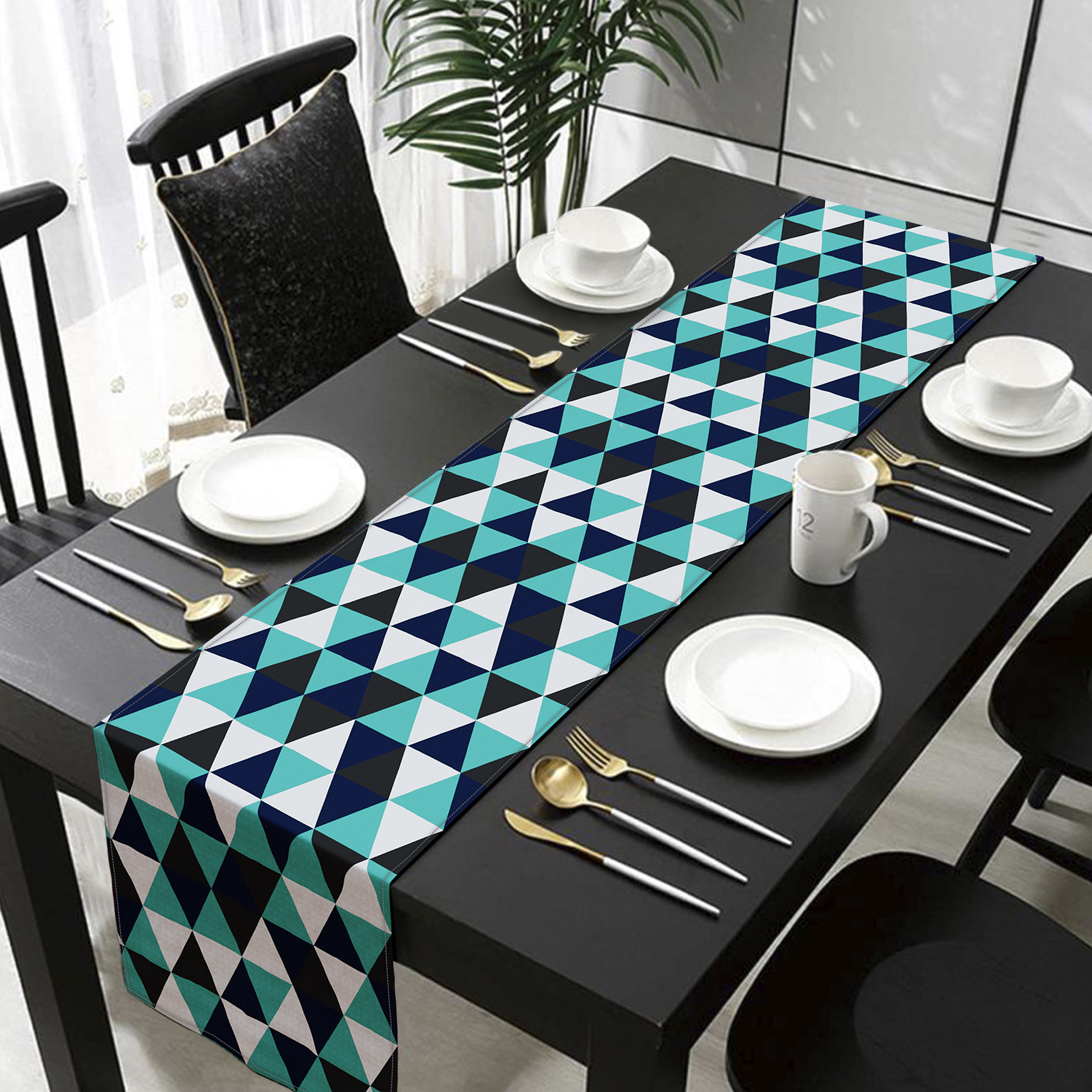 Caminho De Mesa Estampado Losango Tiffany e Preto 0.40m X 1.40m