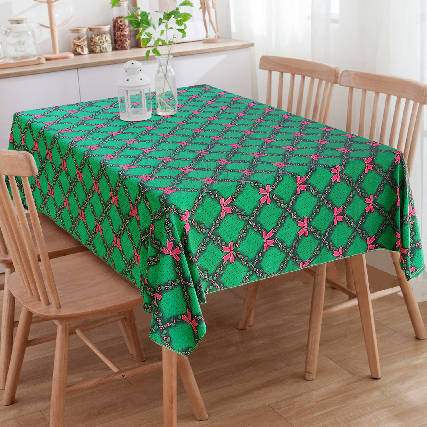 Toalha De Mesa Retangular Natalino Laços Verde 6 Lugares