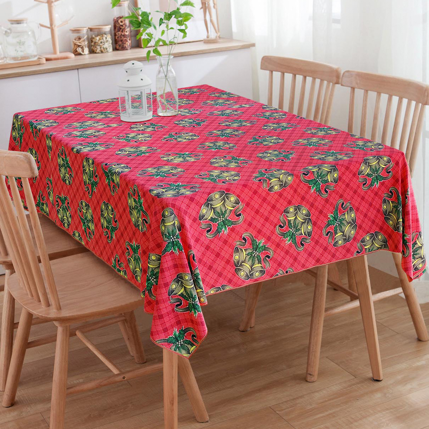 Toalha De Mesa Quadrada Natalina Sinos Vermelho 4 Lugares