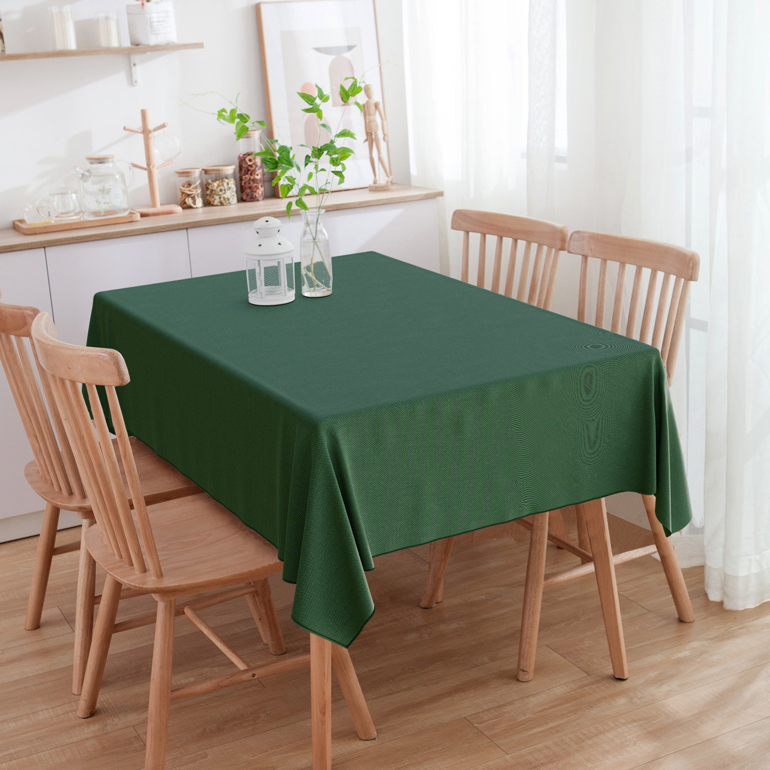 Toalha de Mesa Retangular Jacquard Linho Verde 6 Lugares