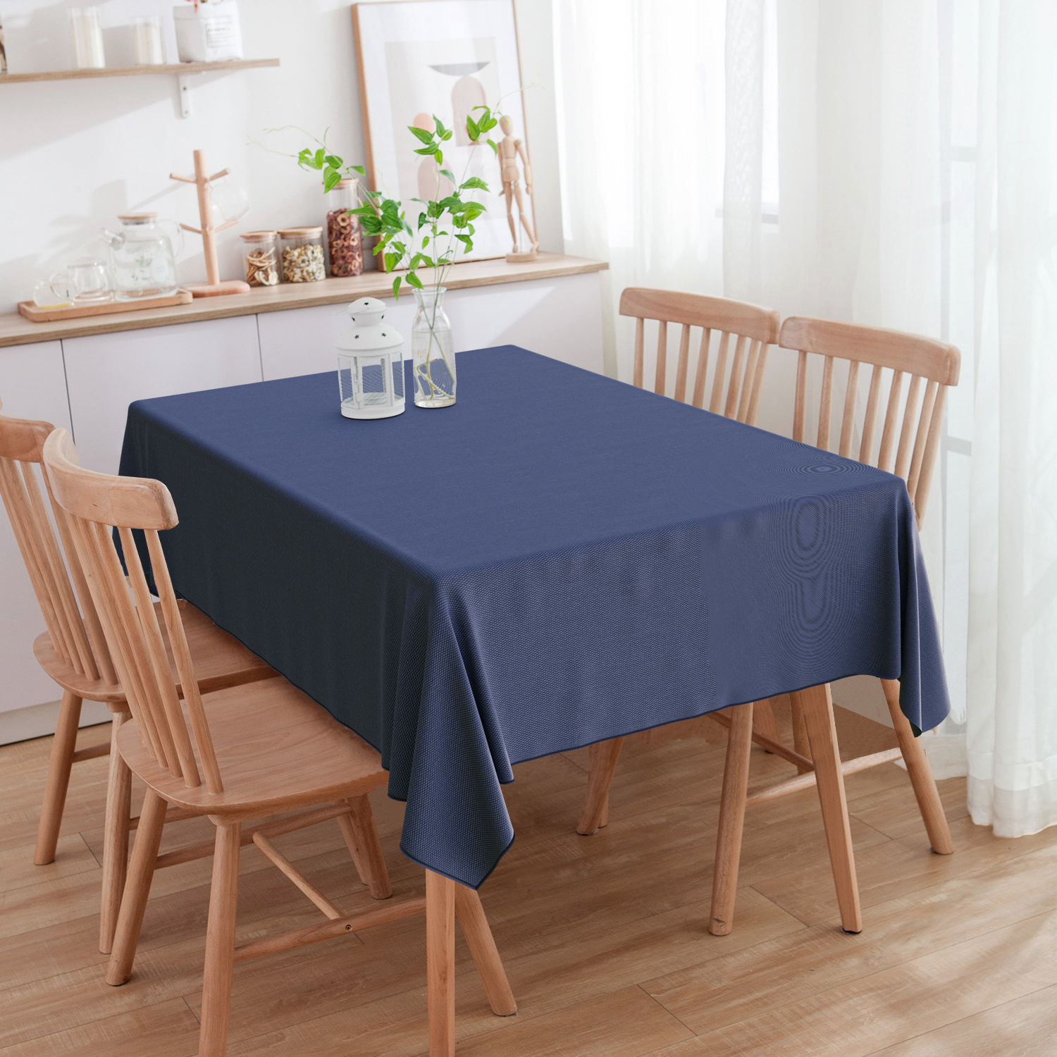 Toalha de Mesa Retangular Jacquard Linho Azul Marinho 6 Lugares