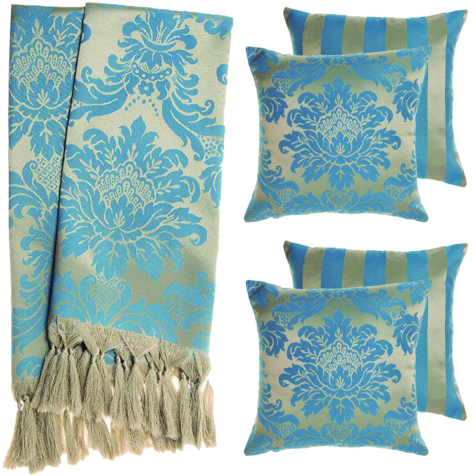 1 Manta Xale Para Sofá 2.20 x 1.40m + 4 Capas Azul E Dourado 45x45cm