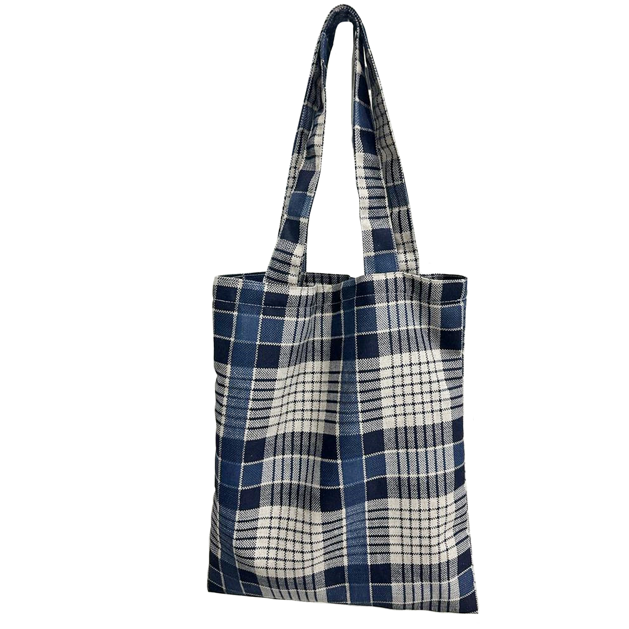 Sacola de Tecido em Linho Xadrez Azul - 40x33cm