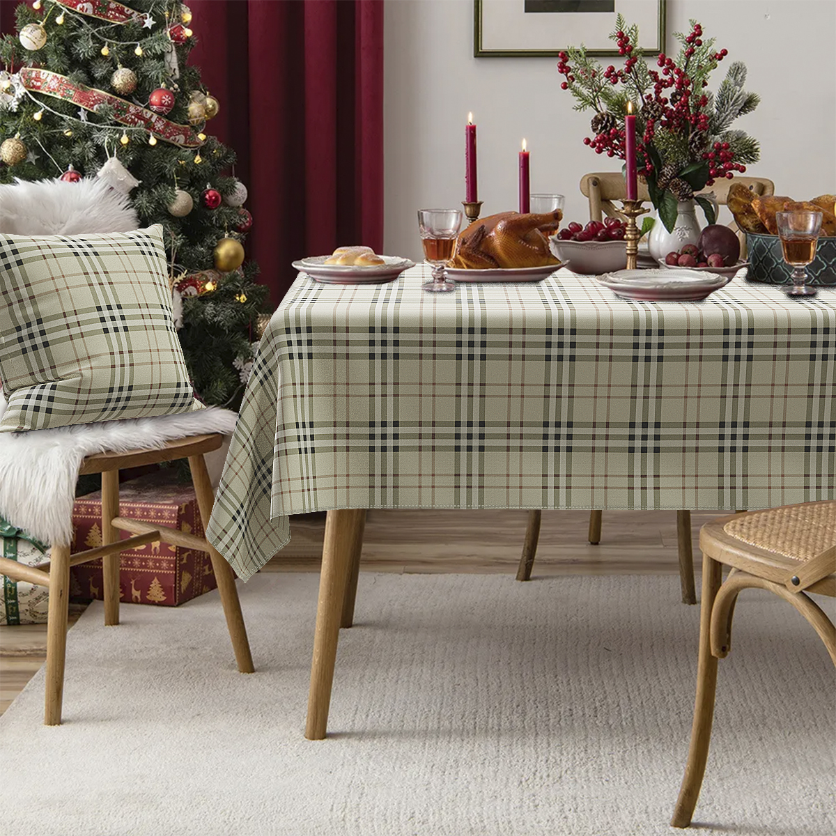 Toalha de Mesa Natalina Quadrada Bege 1.40m x 1.40m + 2 Capas 45x45