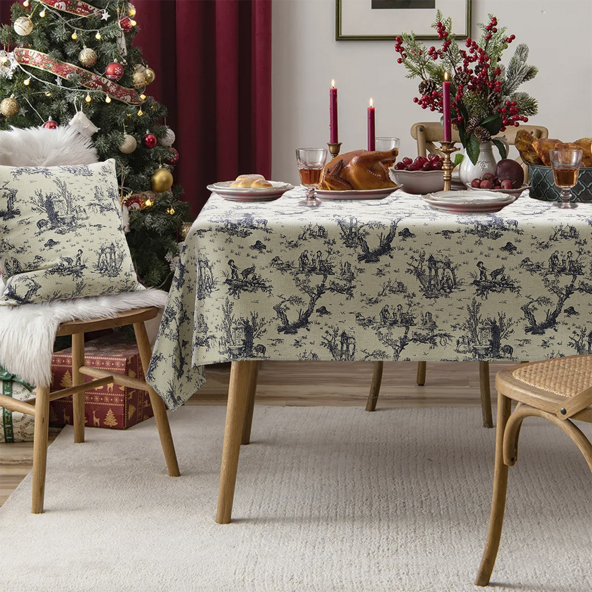 Toalha de Mesa Natalina Quadrada Toile de Joule 1.40m x 1.40m + 2 Capas 45x45