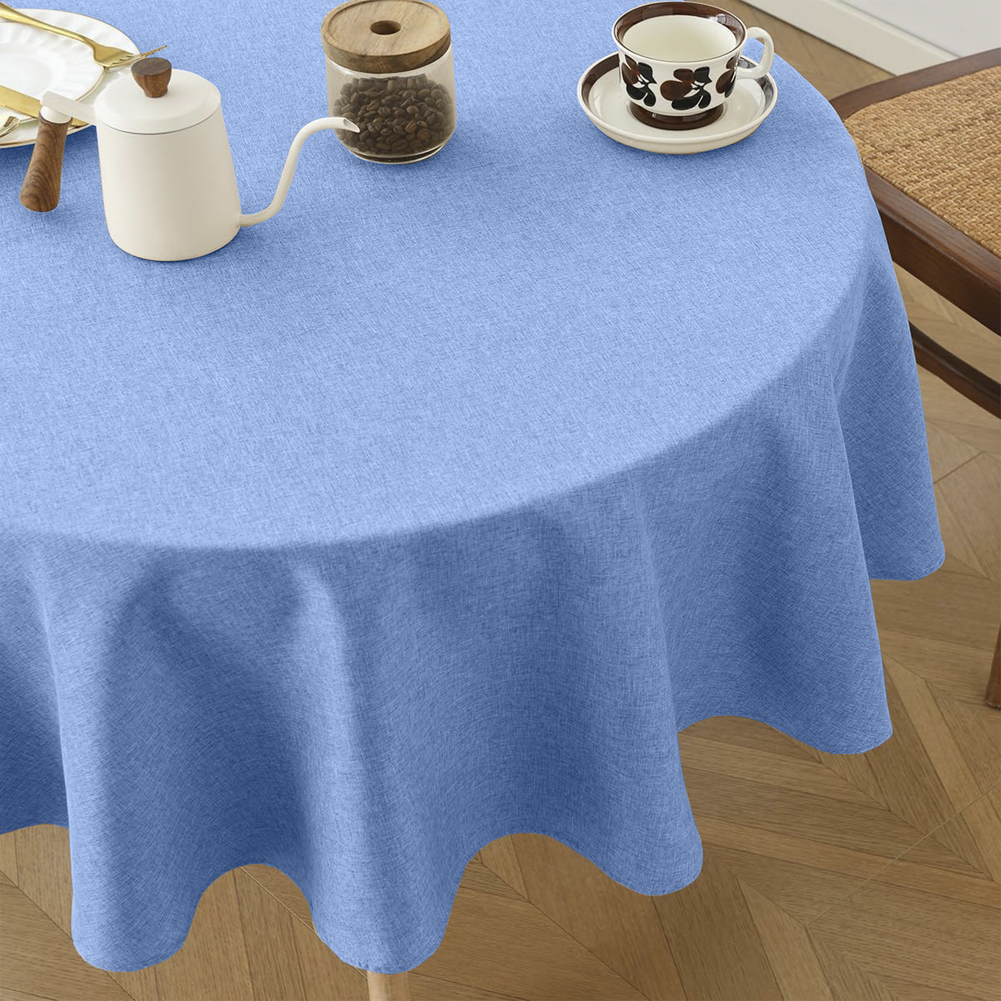 Toalha De Mesa Redonda Linho Azul Rústico Azul 4 Lugares